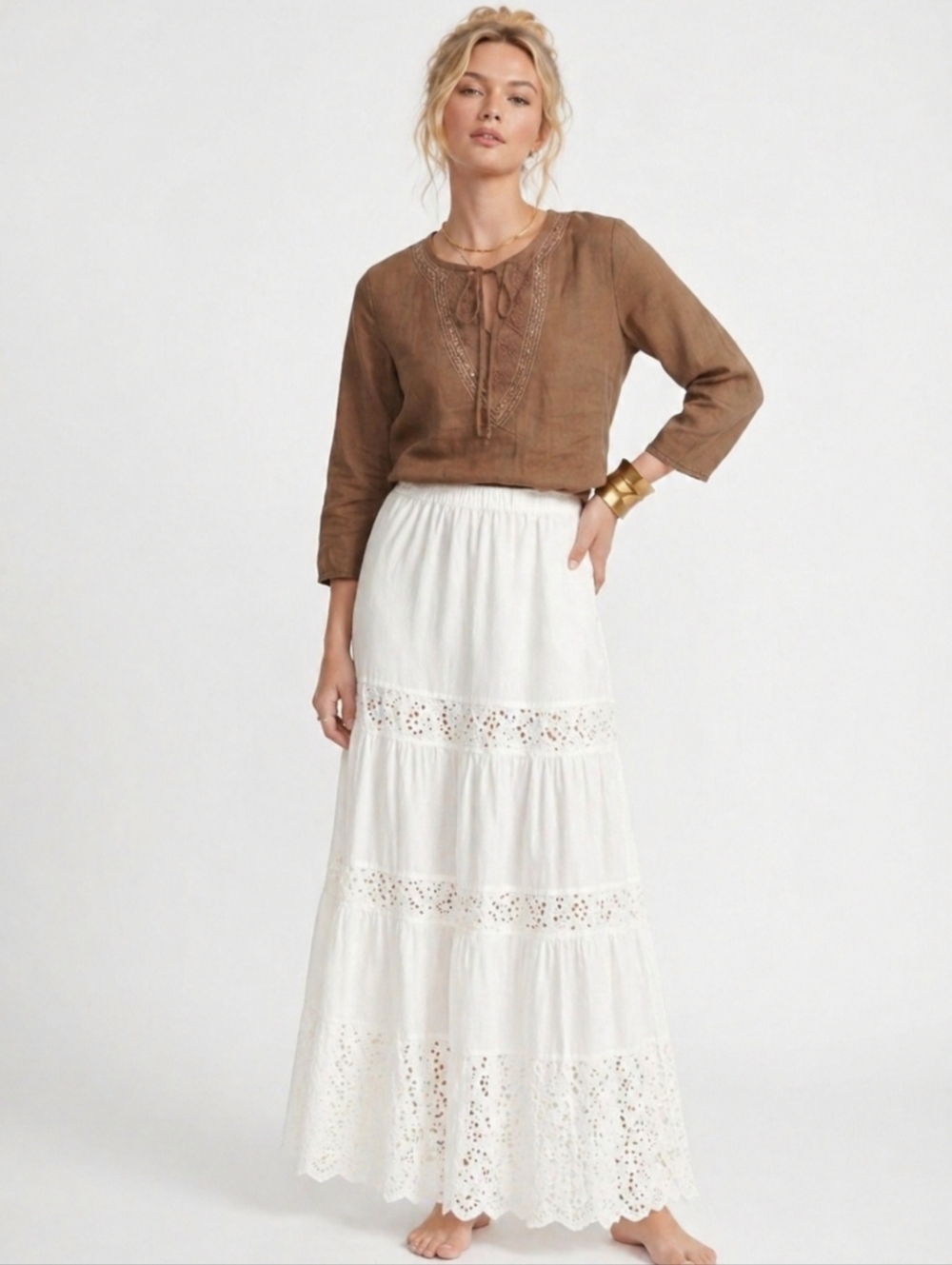 Express Brown Embroidered Silk Cotton Blend Boho Tunic Blouse Medium